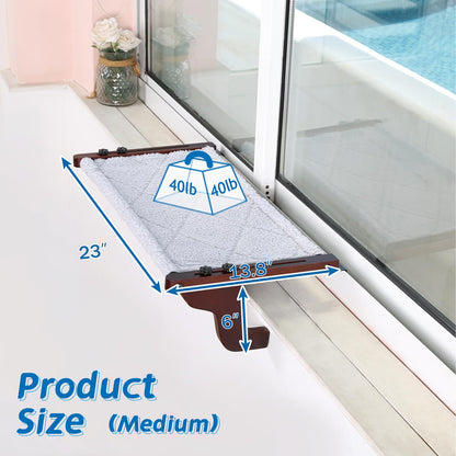 Zakkart 2PC Easy Seat Cat Perch for Window Sill - Hammock Design w/Pine Wood & Robust Metal Frame - Cat Window Seat for Large Cats and Kittens (Dark Stained Wood w/Gray Bed, Medium (23''W x 14''D))