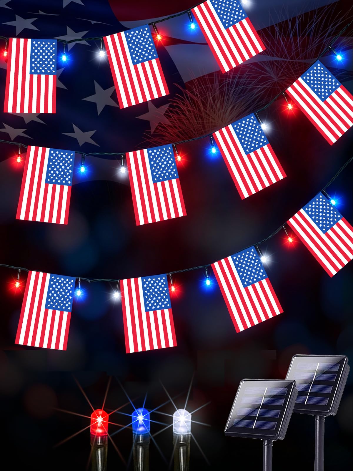 2 Pack 4th of July Decorations, Solar American Flag Lights Outdoor with 8 Modes, 37.6FT 50 USA Flags & 100 Red White and Blue LEDs Patriotic Lights Waterproof for Independence Day 250th Anniversary