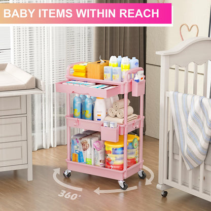 Goovilla 3 Tier Rolling Utility Cart Organizer with Removable Drawer, Stable and Sturdy Black Rolling Storage Carts with 2 Lockable Wheels for Bathroom, Kitchen, Snack, Craft, Makeup, Baby Essentials