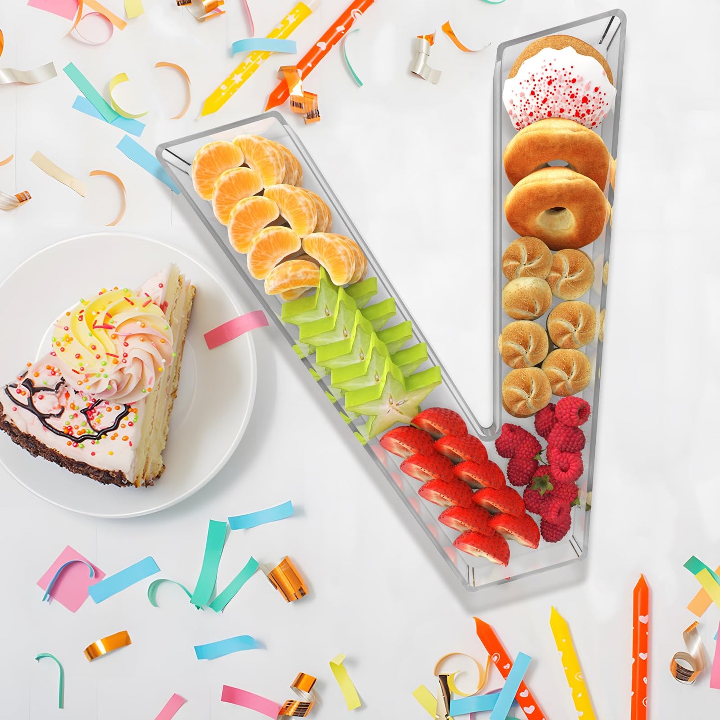 RUFHVTY 11" Acrylic Letter Charcuterie Box, Reusable Fillable Alphabet Number Shaped Form Tray for Birthday Anniversaries, Party Decorative Serving Plates Display Candy Cake (V)