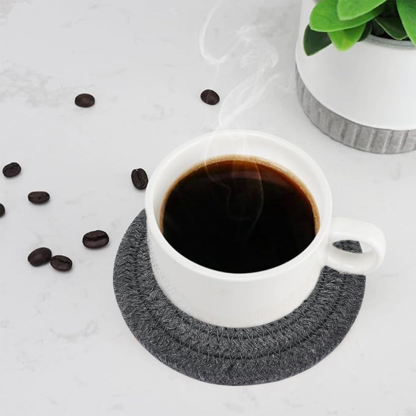 ABenkle 8 Pcs Drink Coasters with Holder, Cotton Woven Absorbent Coasters for Drinks, Minimalist Home Decor Coaster Set for Wooden Tabletop Protection Table, 4.3 inches Grey