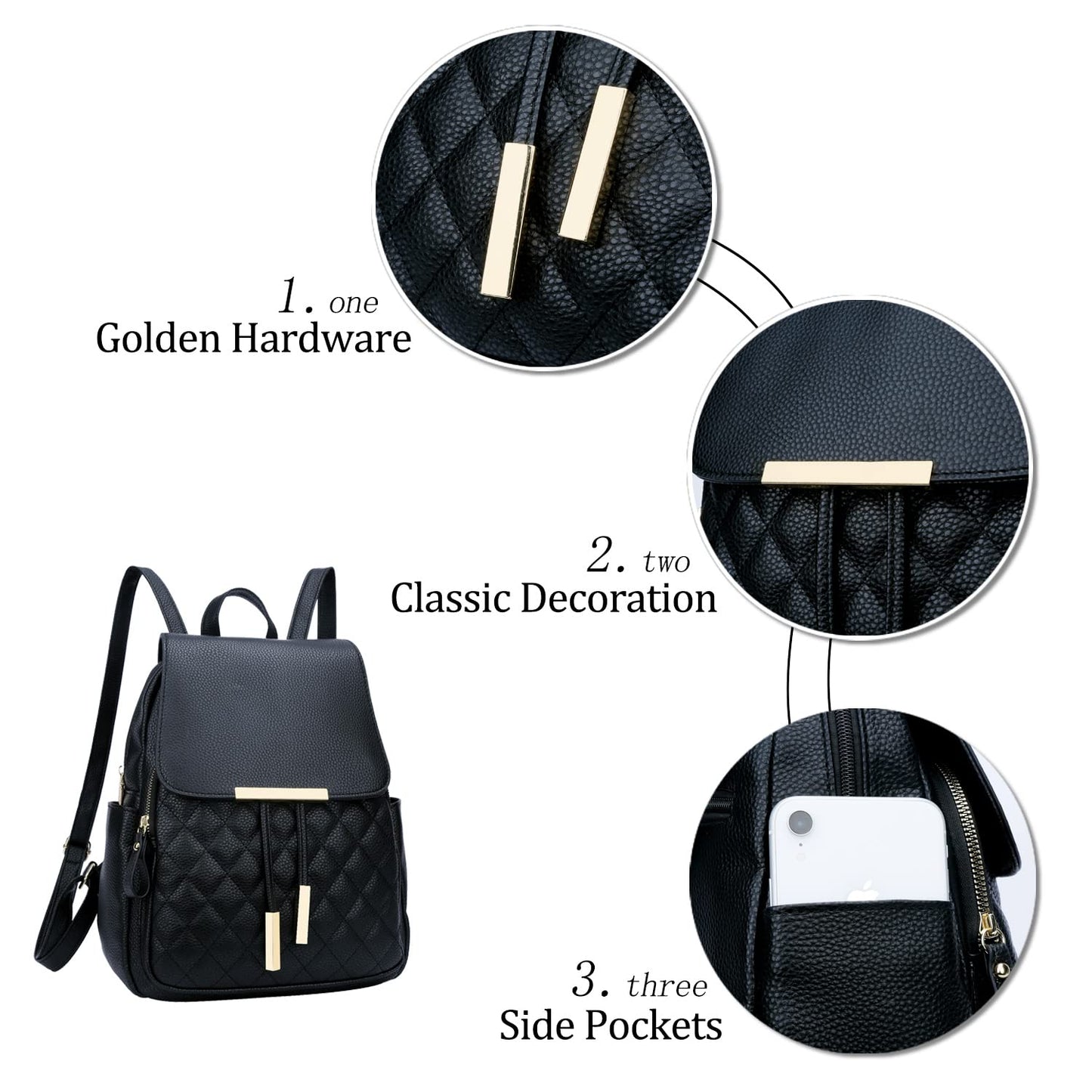 KKXIU Quilted Trendy Leather Backpack Purse for Women and Ladies Shoulder Travel Daypacks Bags (Black)
