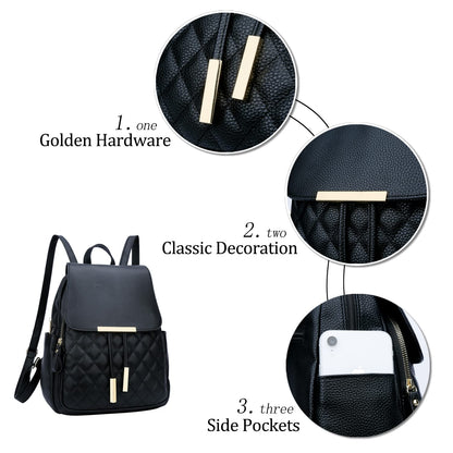 KKXIU Quilted Trendy Leather Backpack Purse for Women and Ladies Shoulder Travel Daypacks Bags with Wristlets(Y-Black)
