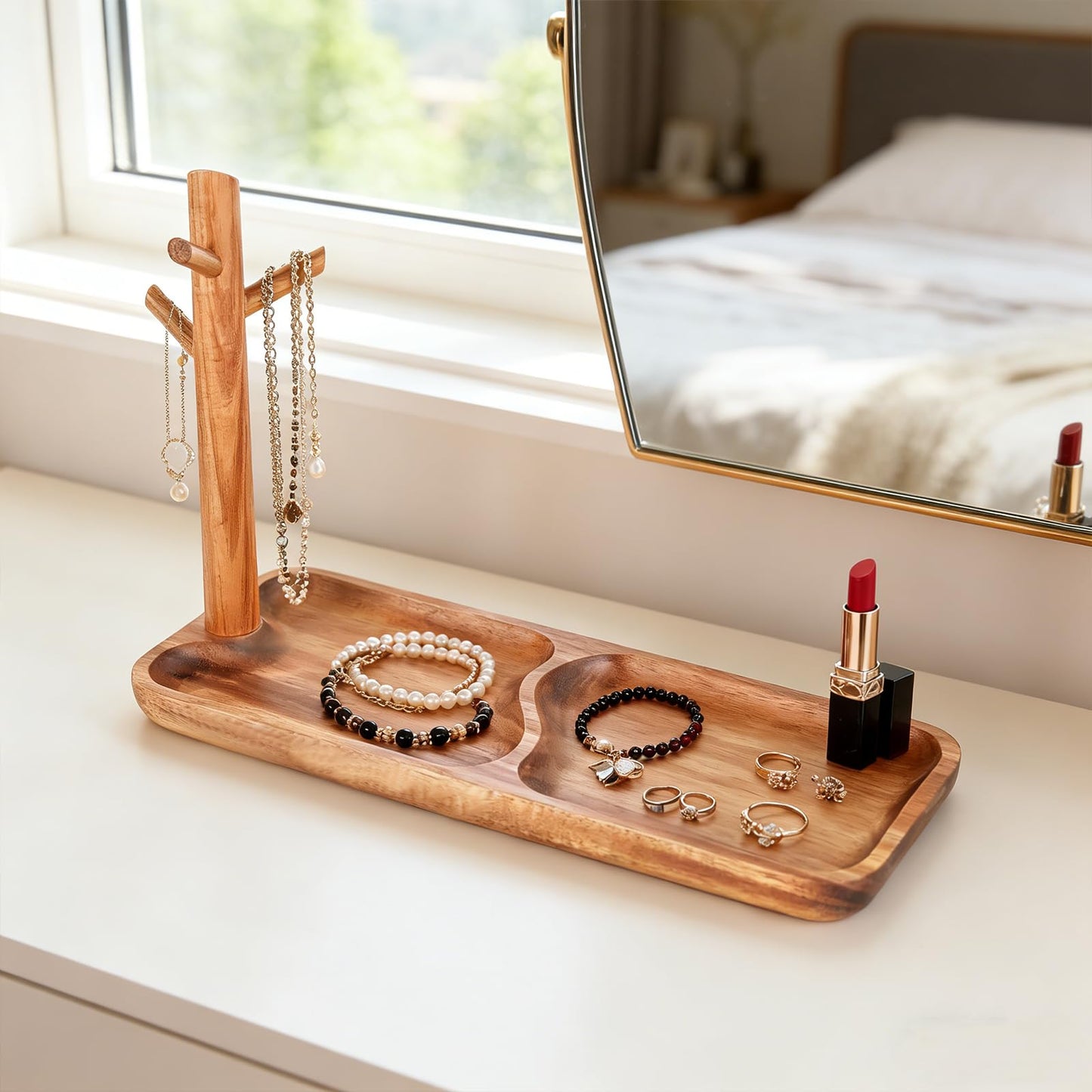Acacia Wood Key Tray for Entryway Table, Wooden Catchall Organizer with Jewelry Storage Rack, Valet Tray for Keys Wallet Watches Sunglasses Rings(Rectangle)