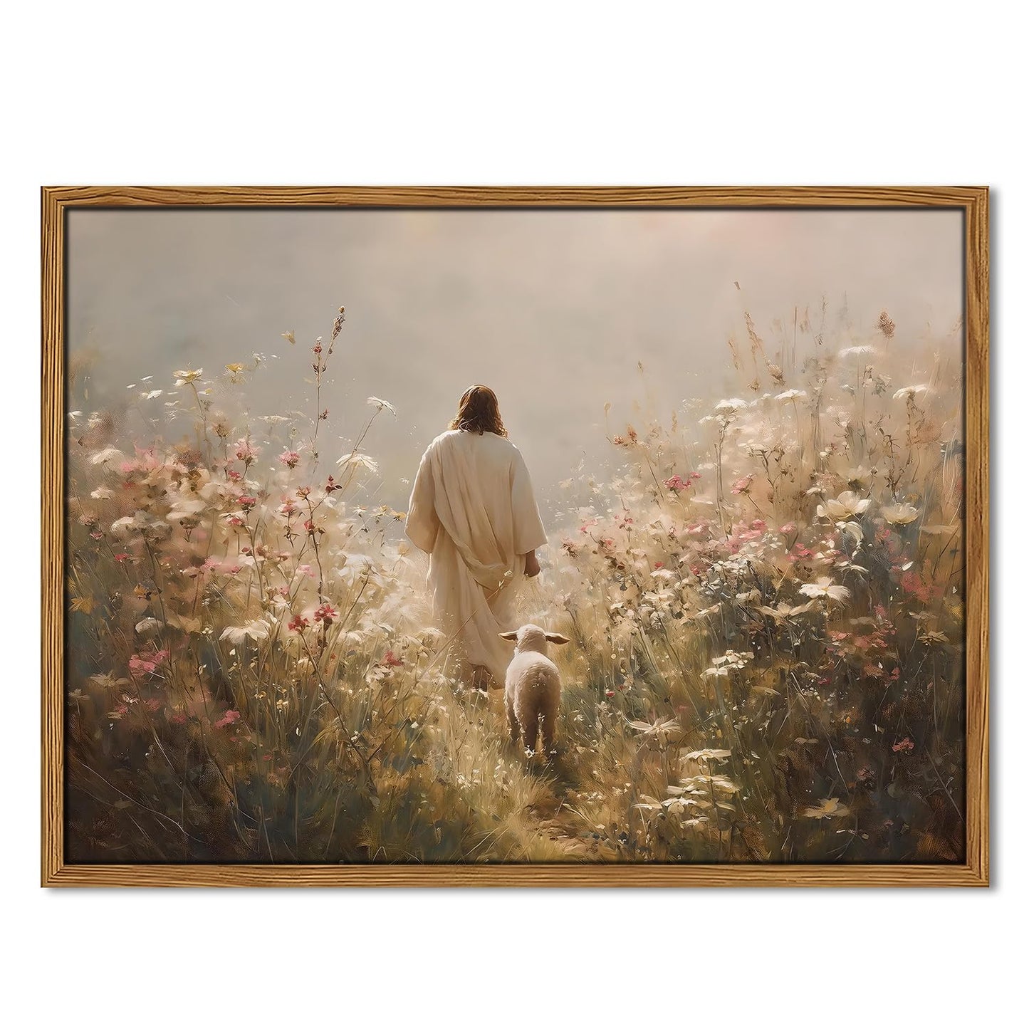 Jesus Leaves the 99 Sheep Wall Art, Christian Jesus and Lamb Pictures Wall Decor Paintings, The Lost Sheep Canvas Prints Religious Home Decor Living Room Bedroom Church Wood Framed 12x16 inch