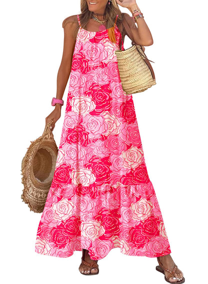 Dokotoo Women Summer Dresses 2025 Spaghetti Strap Scoop Neck Smocked Ruffle Flowy Boho Maxi Dress