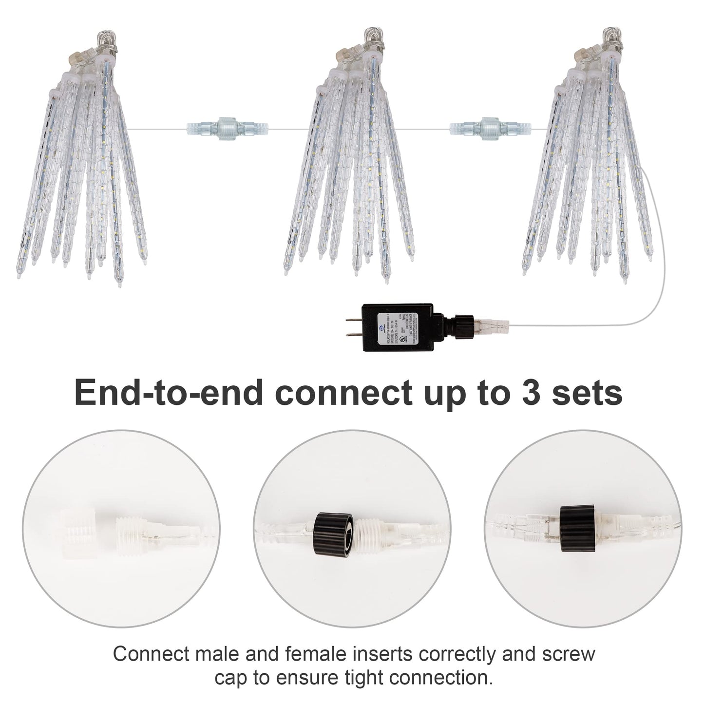 WATERGLIDE Meteor Shower Lights, 12" Outdoor Icicle Christmas Lights 8 Icicles 192 SMD LED Crystal Ice Falling Light, Connectable Raindrop Iciclelight, Xmas Winter Party Tree Holiday Decor, White
