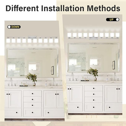 Brushed Nickel Bathroom Vanity Light for Giant Mirror, 10 Light Brushed Nickel Vanity Lights, 65 inch Wall Lamps for Bedroom for Mirrors with Milky White Frosted Glass Shades, E26