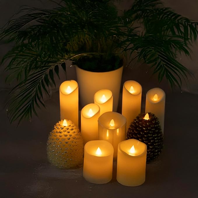 Flameless Candles Last 1300+ Hours Real Wax Flame Effect Auto-Moving 3D Wick, LED Pillar Candles with Timers Battery Operated - Ivory 8"