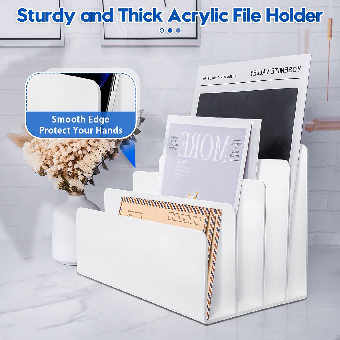 Goihgioh 4 Section White Acrylic Desk Organizer and Accessories, Sturdy & Thick Acrylic File Folder Holder Sorter, Office Supplies for Mail, Letters, Paper, Electronics