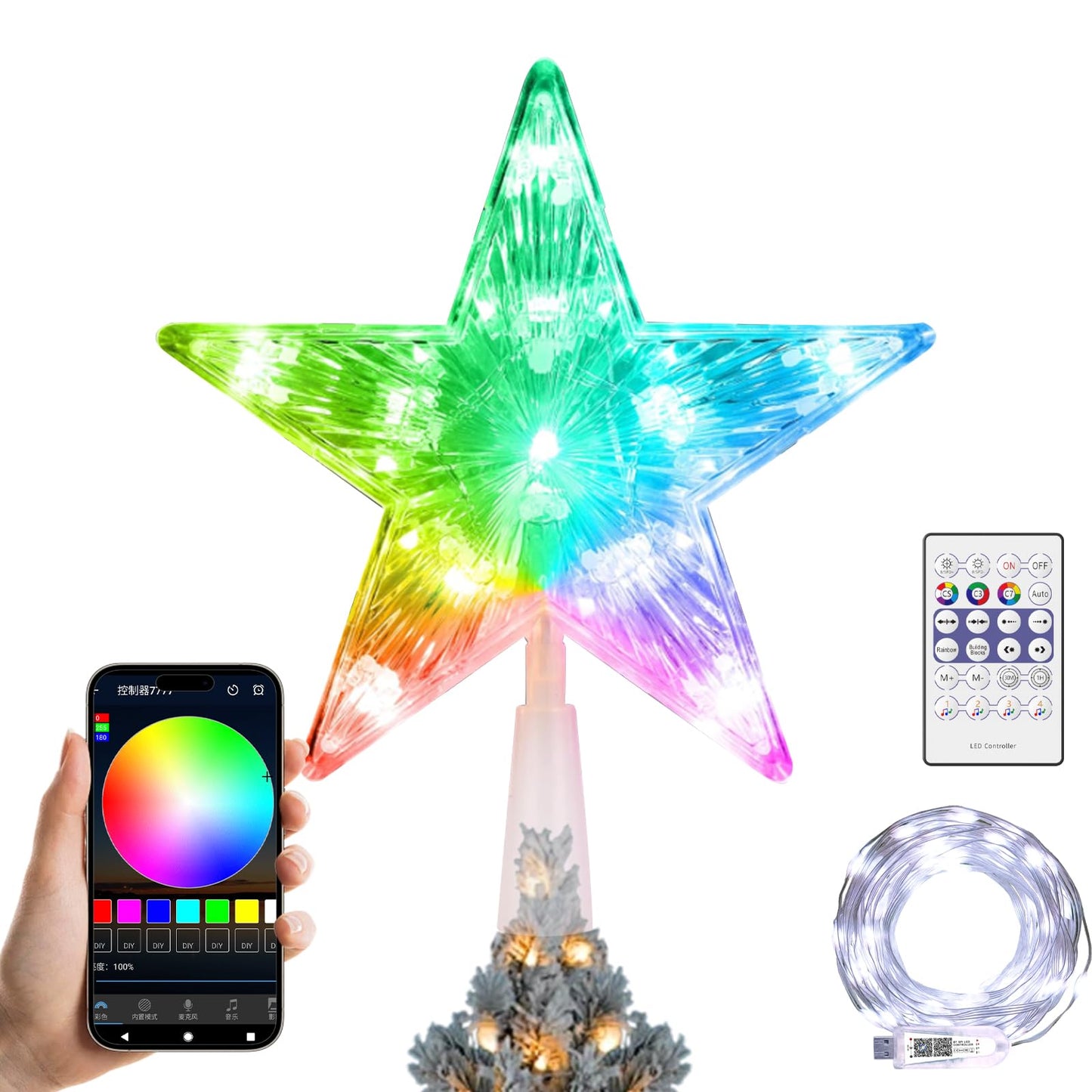 7In Smart Christmas Tree Topper Star, LED Lighted Star Tree Top, Star RGB Night Light Treetop, APP/Remote Remote, Sync Musical, for Xmas Holiday Party Gift Décor, Charging Plug not Included