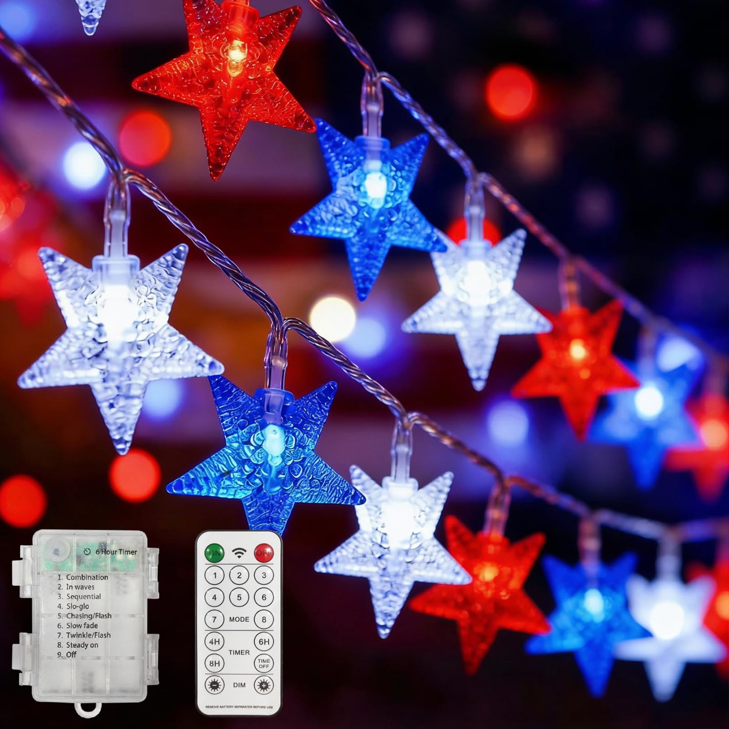 TWINGLEHOME 50 LED Patriotic String Lights Star 16FT (5M) with Clear Wire, Waterproof Battery Box, Multifunctional Modes Lighting (Red, Cool White, Blue) for Nation Day