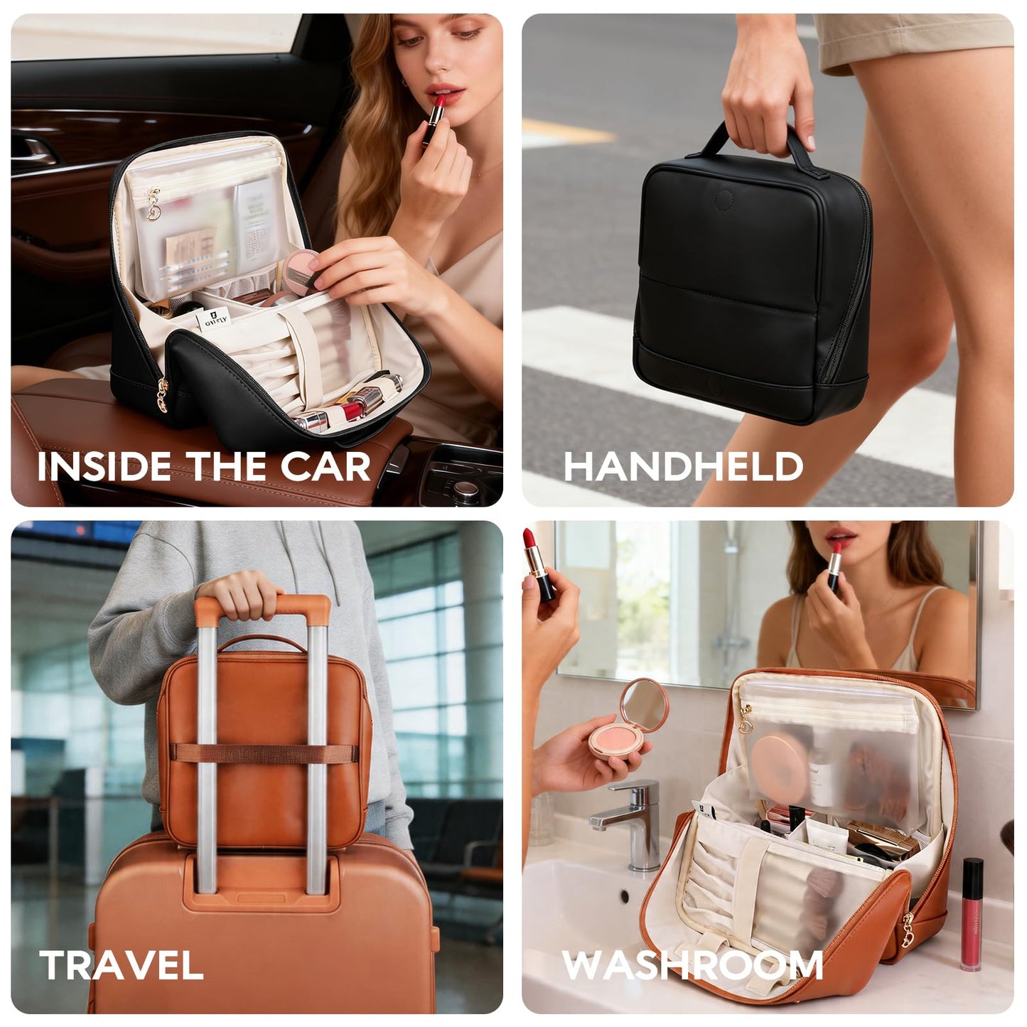 GIVLEFLY Travel Makeup Bag for Women, Large Capacity Cosmetic Bag Organizer with Handle, Waterproof Makeup Case with Brush Compartment and Divider for Toiletries & Skincare