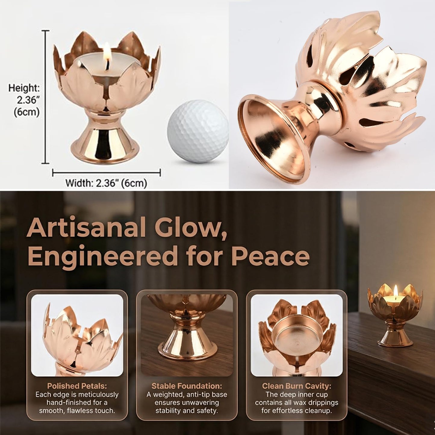 6Pcs Metal Lotus Flower Votive Candle Holders - Elegant Tea Light Candles Holder for Table Centerpieces, Wedding Decor, Home, Christmas & Thanksgiving Party (Gold)