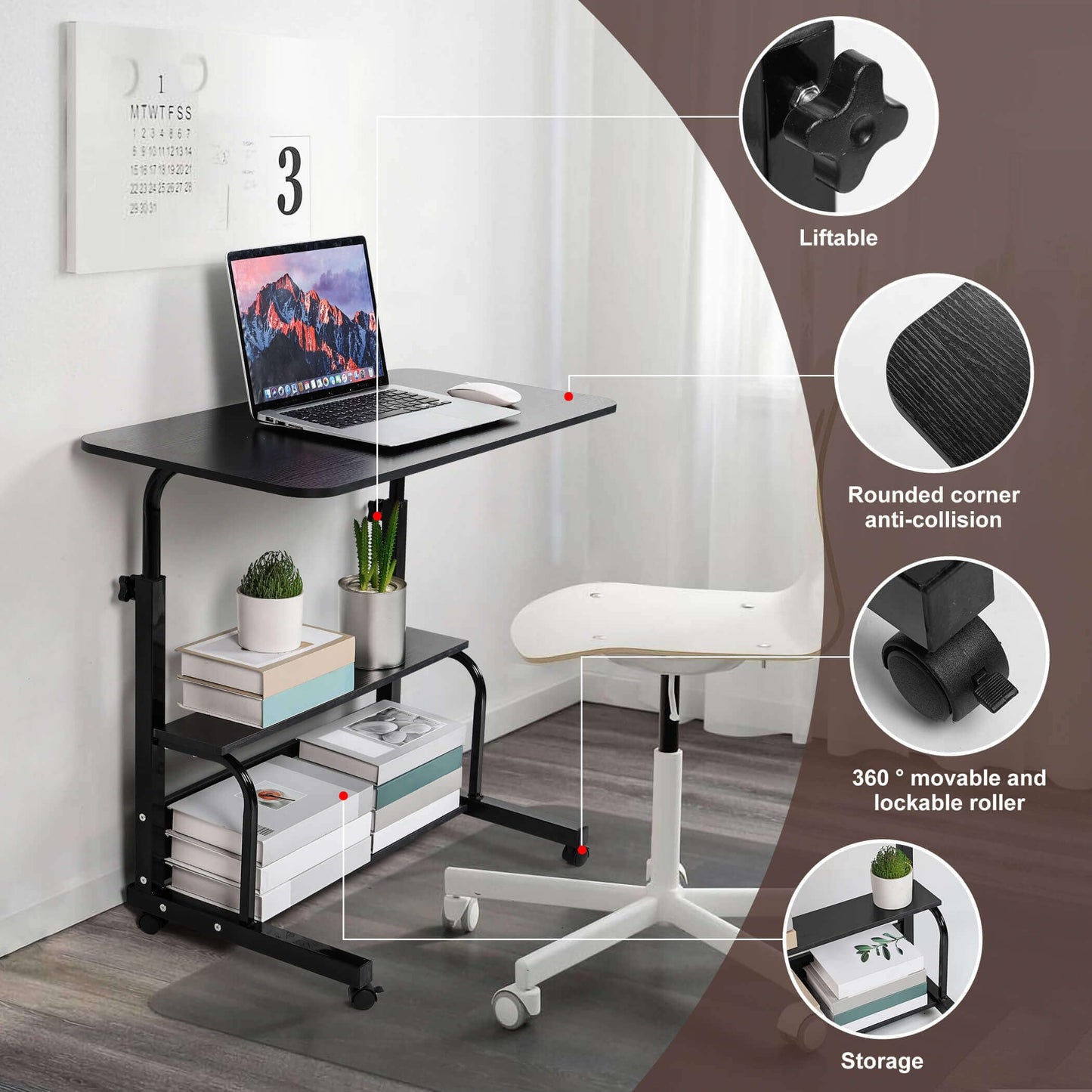 Adjustable Height Mobile Computer Desk for Small Space Rolling Writing with Wheels Corner Home Office Study Portable Bedrooms Work Desk Standing Desk Sizes 31.5X15.7 Inches Black C