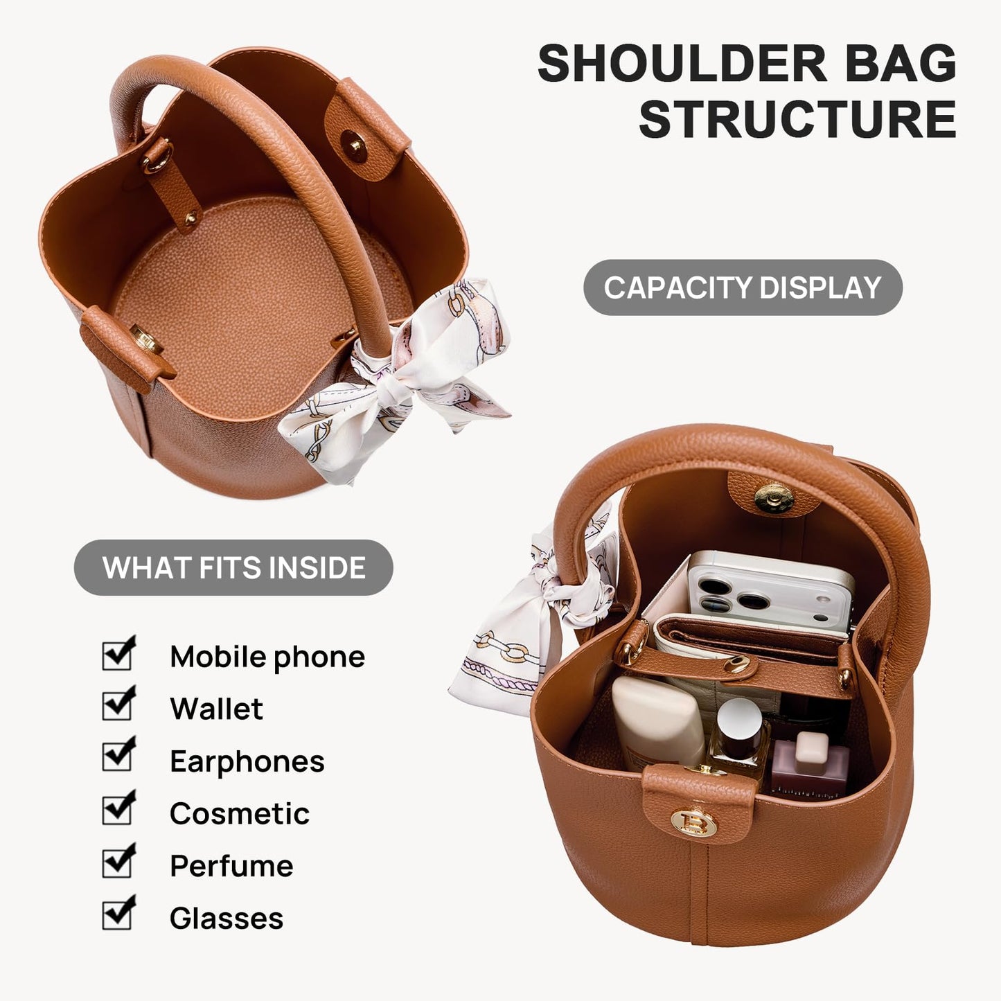 BOSTANTEN Small Crossbody Bags for Women Vegan Leather Mini Bucket Handbag Removable Shoulder Strap Brown