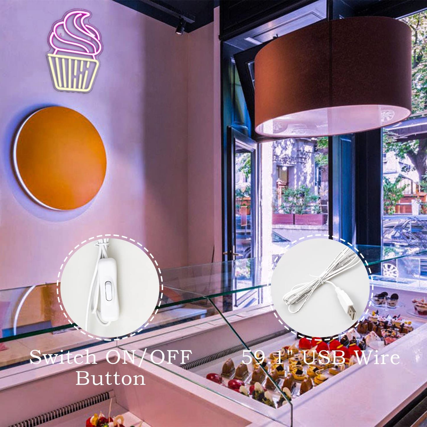 FAXFSIGN Cupcake Neon Sign Led Pink Warm White Neon Lights for Wall Decor Usb Light Up Signs for Bakery Dessert Shop Resturant Bar Cafe Candyland Party Decorations