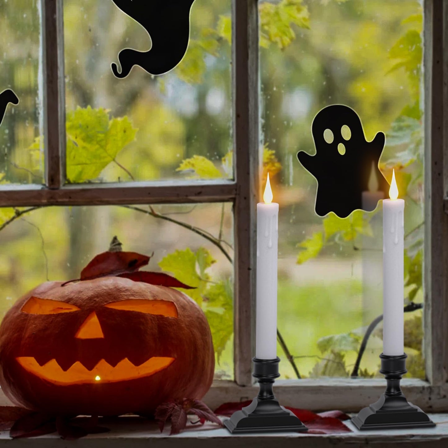 GenSwin Window Candles Battery Operated with Timer, Flameless Taper Candles, Black LED Window Taper Candlesticks Remote, 4 Pack Flameless Candlesticks with Suction Cups for Halloween Christmas Decor