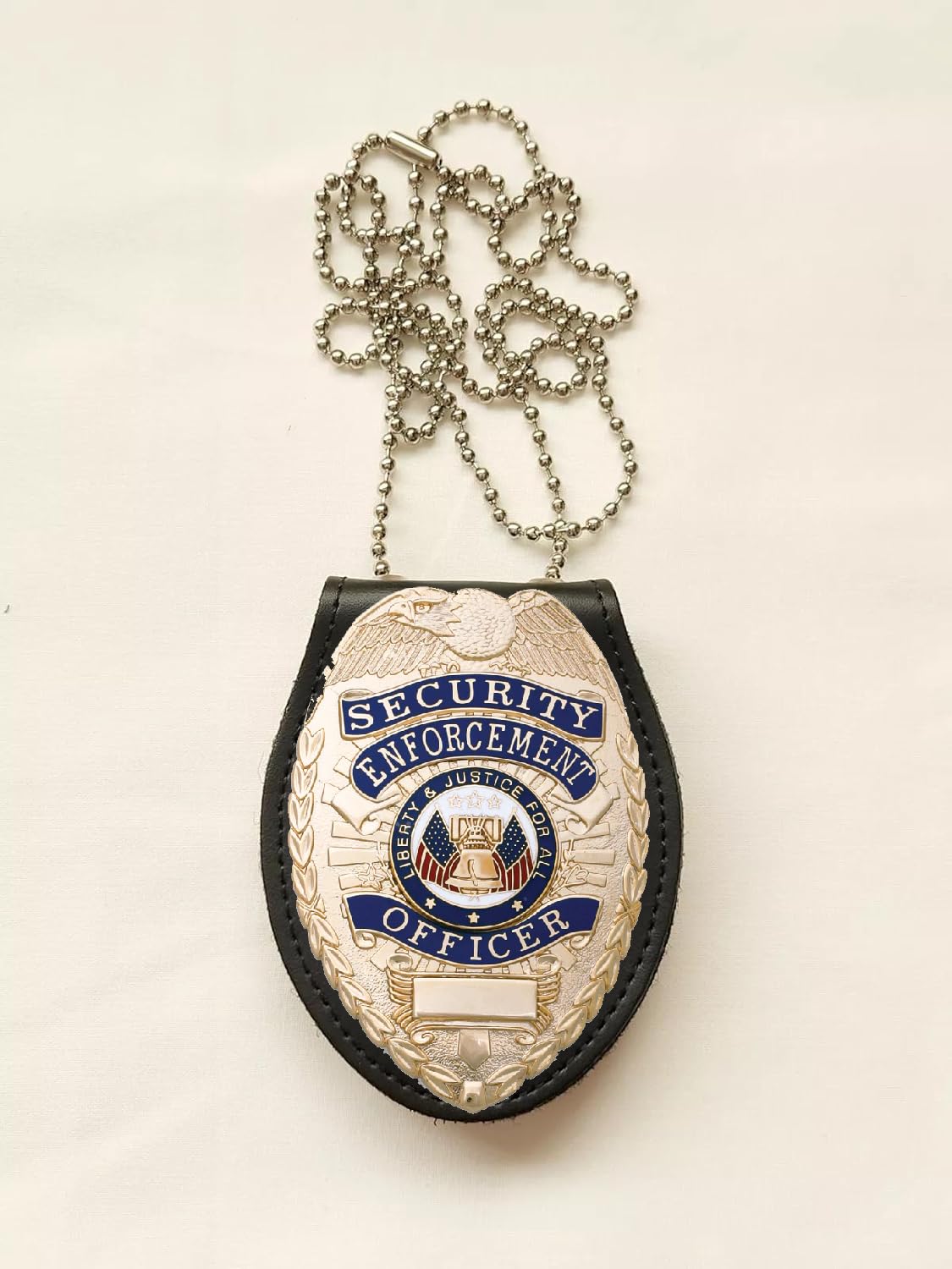 Universal Police Badge Holder – Oval Security Guard Leather Case with Steel Belt Clip, Hook & Loop Closure, and Stainless Steel Bead Chain- Uniform Security Guard (Badge + Holder 02)