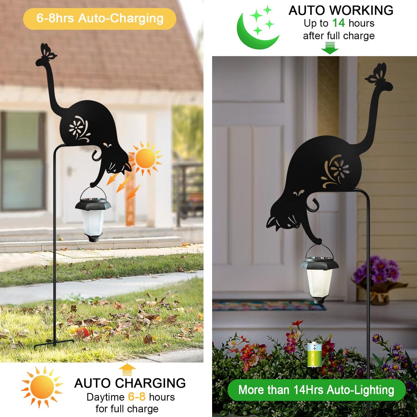 Hokfirm Cat Solar Lights Outdoor Garden, Black Cat Garden Statue,Black Cats Outdoor Decorations with Solar Lantern