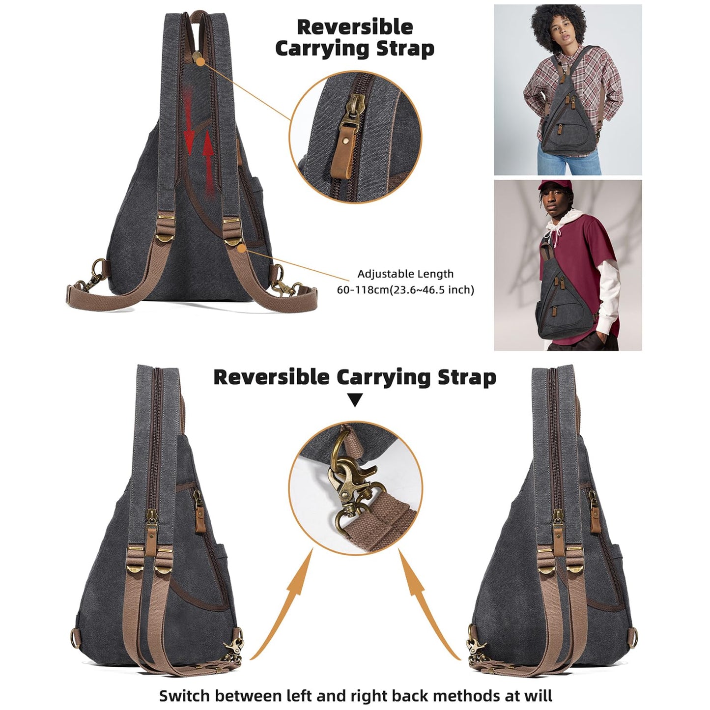 KL928 Canvas Sling Bag - Small Crossbody Backpack Shoulder Casual Daypack Rucksack for Men Women(Large Version,Black)