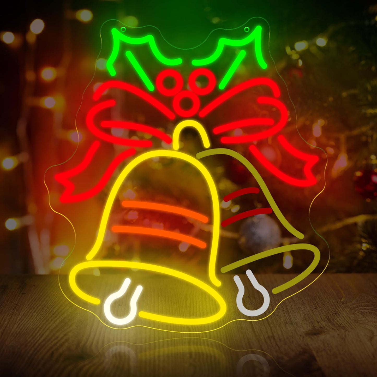 Christmas Bell Neon Sign, Flashing LED Holiday Decor, Red Bow and Bells Wall Art, Festive Neon Light for Christmas, Christma Party and Home Decor 15″ × 13.5″