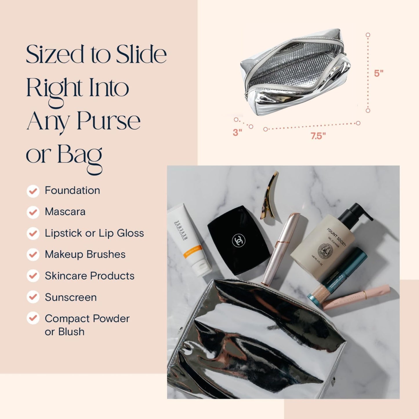 Stay Golden Metallic Silver Insulated Waterproof Makeup Bag for Women Heat-Resistant Travel Cosmetic & Toiletry Bag | Luxurious Vegan Leather Portable Makeup Organizer - Small