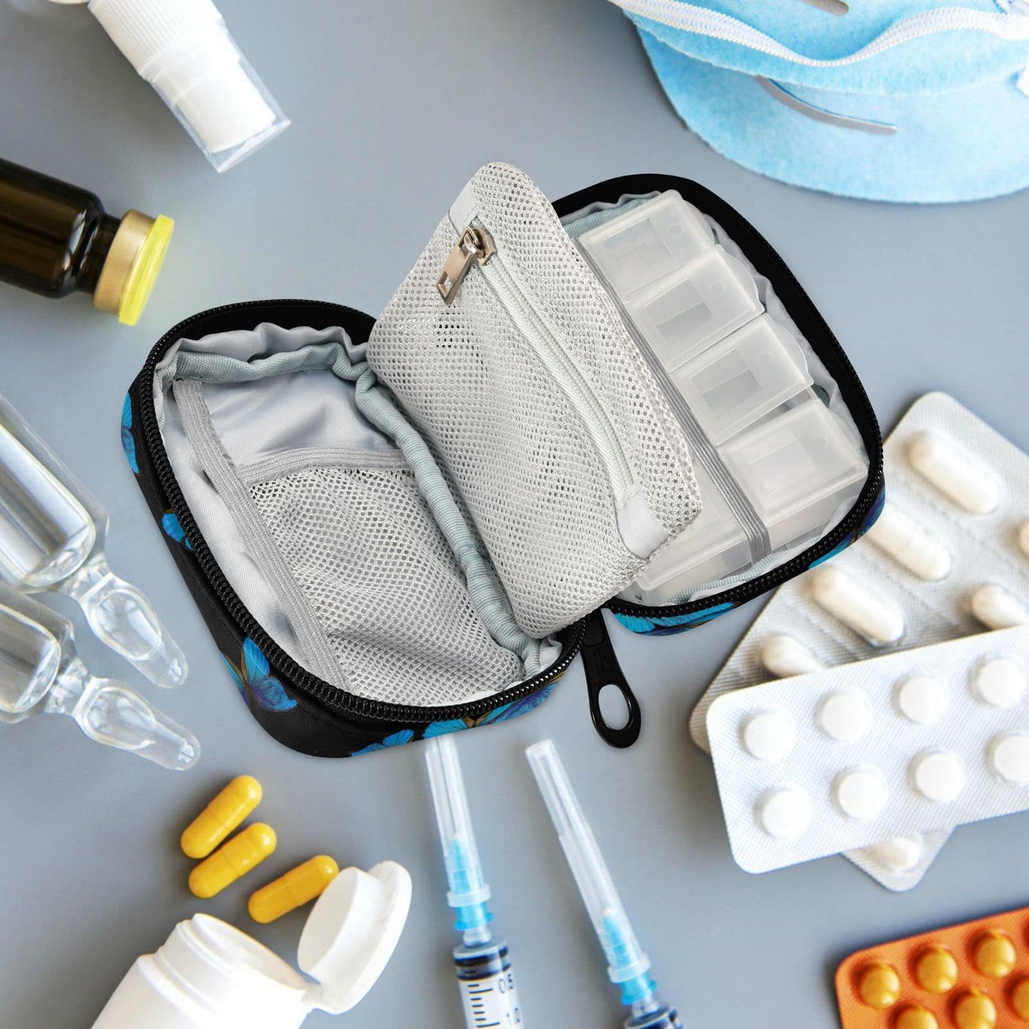Fustylead Bright Blue Butterflies Travel Pill Organizer Case Zipper for Purse with Removable Weekly Pill Box for Medicine, Vitamin, Supplement Medicine Organizer