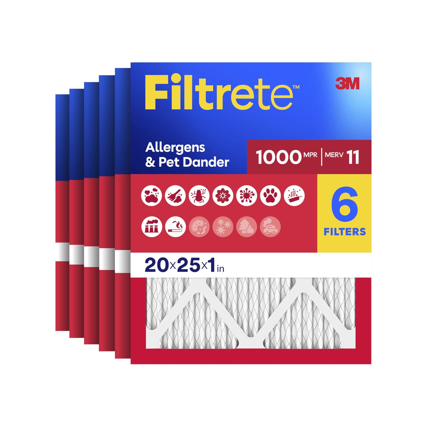 Filtrete 20x25x1 Air Filter, MERV 11, MPR 1000, Allergens and Pet Dander, 3-Month AC and Furnace Filters, Cleaner Air, Reliable Airflow, 6 HVAC Filters, Actual Size 19.68 x 24.68 x 0.81"