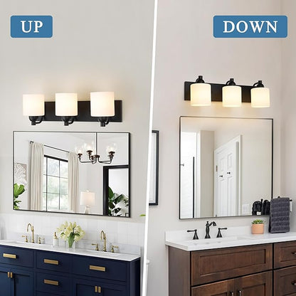 Milk Glass Vanity Lights for Bathroom, 3 Light Matte Black Bathroom Light Fixtures Over Mirror, Ceramic E26 Sockets Wall Mounted