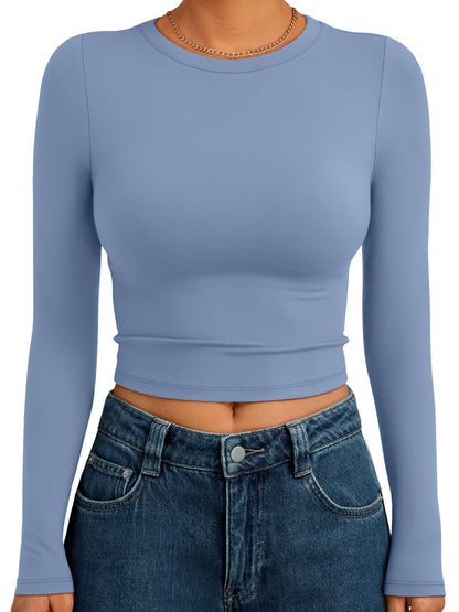 Trendy Queen Womens Long Sleeve Crop Tops Basic Slim Fitted Shirts Fashion 2025 Going Out Y2k Tops Teen Girl Clothes