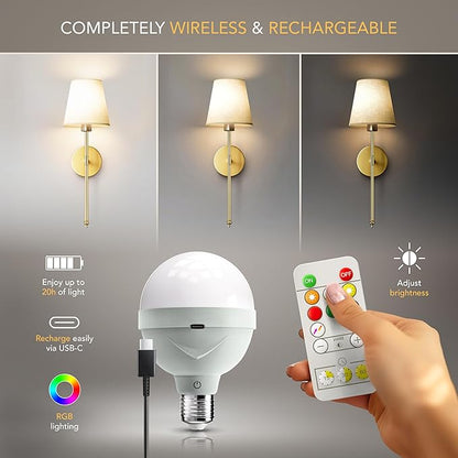 Set of 2 Wireless Wall Sconces – Stick-On or Screw Mount - Rechargeable LED Bulbs, Remote Controlled, Adjustable Brightness & Warmth, Easy Installation, Living Room Wall Decor (Gold)