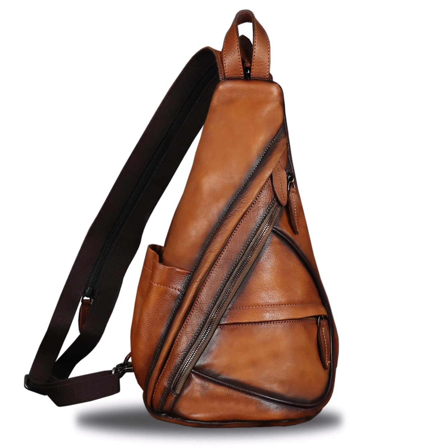 Genuine Leather Sling Bag for Men and Women Vintage Sling Backpack Shoulder Crossbody Bag Chest Bag for Ipad (Brown)