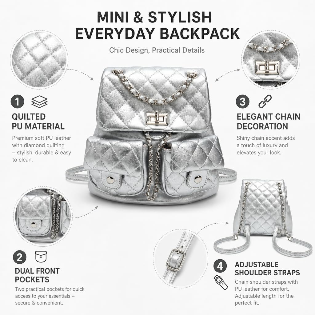 COC.EFRENAR Quilted Mini Backpack for Women, Chain Strap Small Purse with Flap Closure, Fashion Shoulder Bag Cute Travel Daypack(Silver)