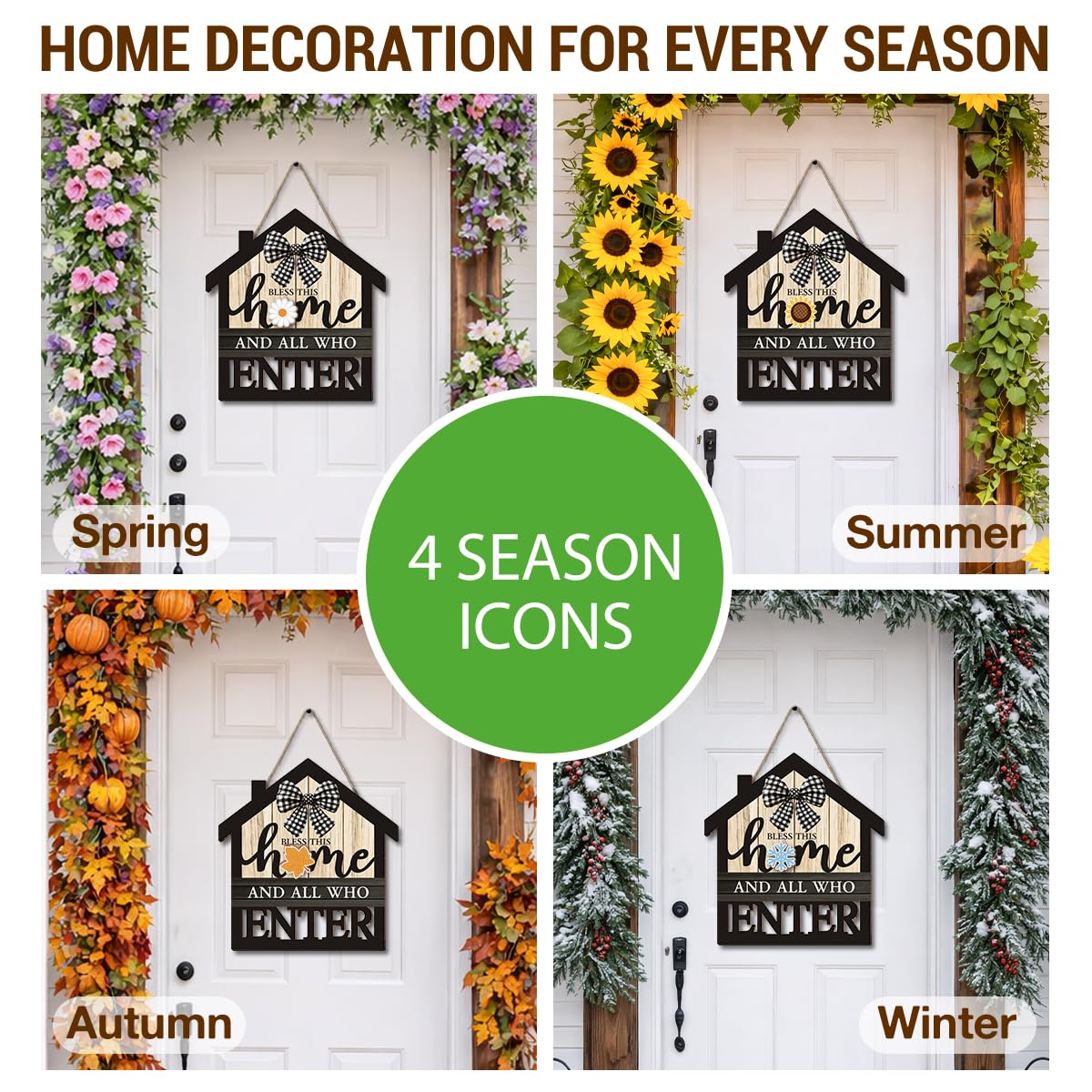 Interchangeable Seasonal Bless This Home Hanging Sign - Farmhouse Front Door Decoration for Spring All Seasons Holidays - Rustic House Shape Wood Sign with 12 Icons