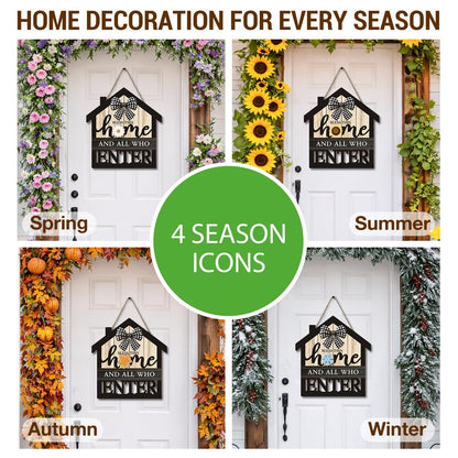 Interchangeable Seasonal Bless This Home Hanging Sign - Farmhouse Front Door Decoration for Spring All Seasons Holidays - Rustic House Shape Wood Sign with 12 Icons