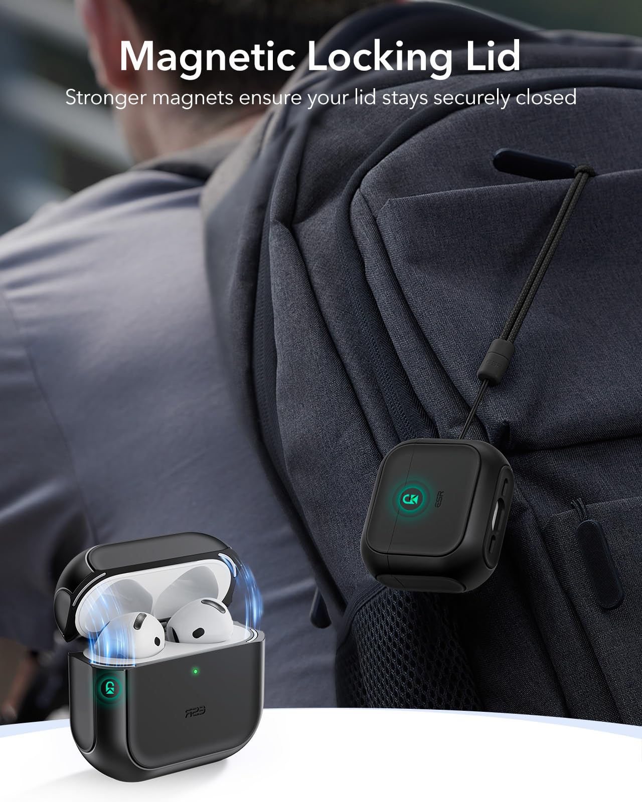 ESR for AirPods 4 Case, Compatible with AirPods 4th Generation Case (2024) (USB-C), Compatible with MagSafe, Drop Protection Cover with Lanyard, Magnetic Lid Lock, Orbit Hybrid Series, Black