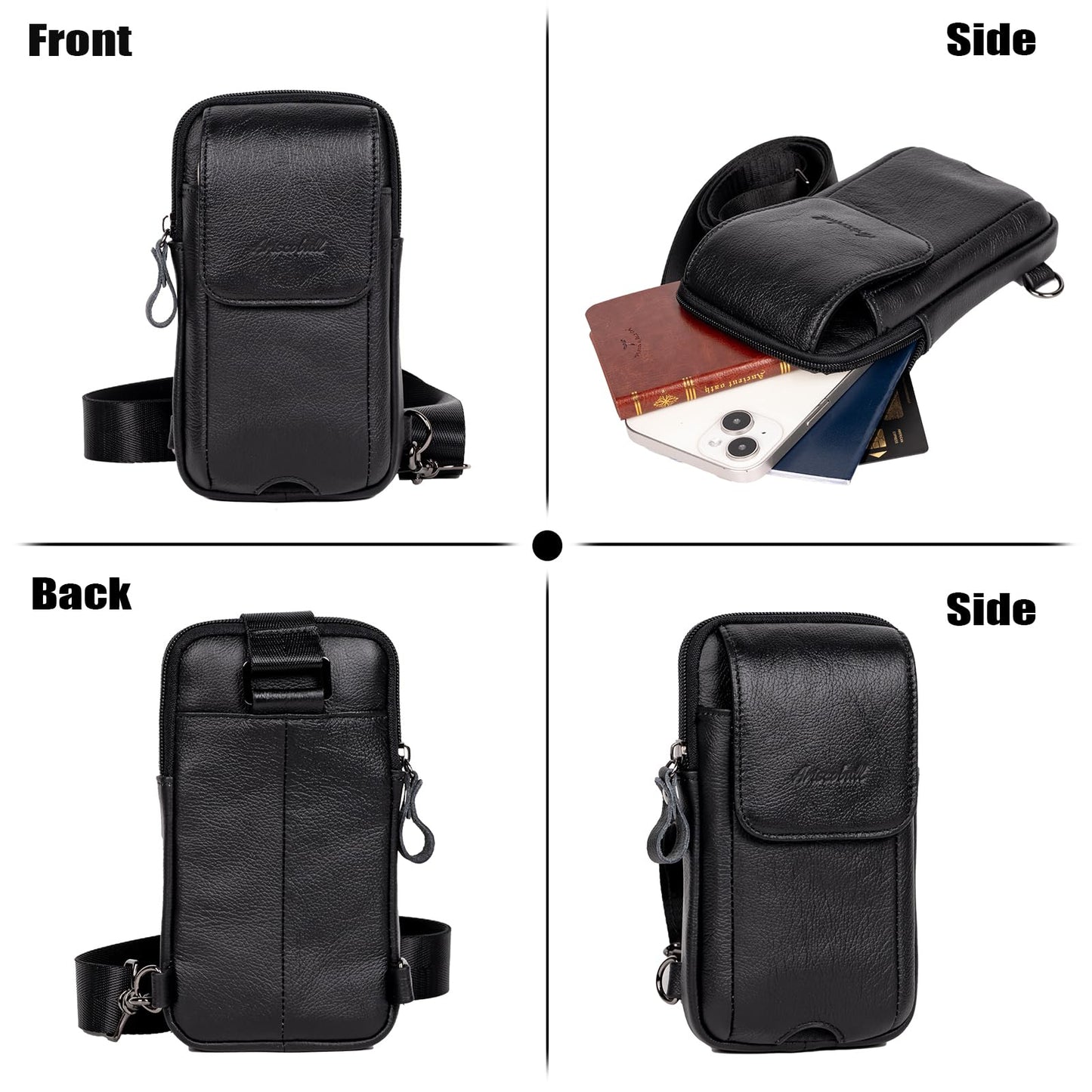 Ariscobull - Small Crossbody Bag for Men Women - Genuine Leather Mini Sling Bag with Charging Port - Travel Hiking Phone Daypack Cross Body Shoulder Bags (Black)