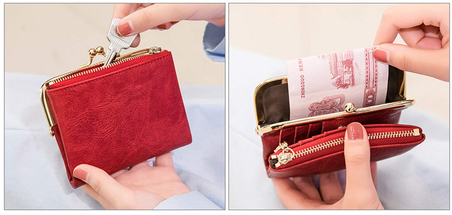 PofeeXIO Womens Wallet RFID Small Compact Bifold Leather Vintage Wallet,Ladies Coin Purse with Zipper and Kiss Lock (Red)