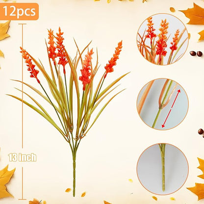 12 Bundles Artificial Fall Flowers for Outdoors Fake Fall Lavender Flowers UV Resistant Plastic Faux Fall Plants for Home Porch Autumn Fall Decorations (Orange)