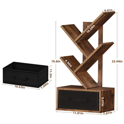 SHEEPAM Small Bookshelf with Drawer,4 Tier Tree Book Shelf,Wood Desk Bookshelves,Modern Free Standing Desktop Display Shelves,Brown Floor Standing Organizer Bookcase for Living Room,Bedroom,Office