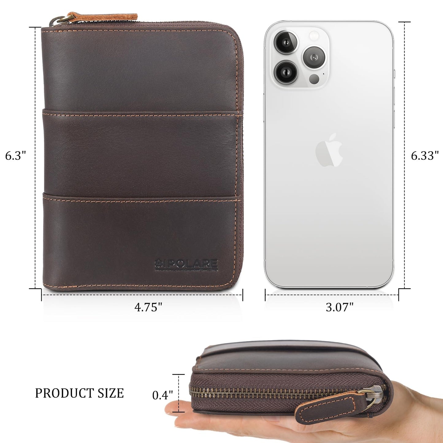 Polare Full Grain Leather Travel Passport Wallet with YKK Zipper and RFID Blocking Document Organizer Holder 2 Passports (Dark Brown)