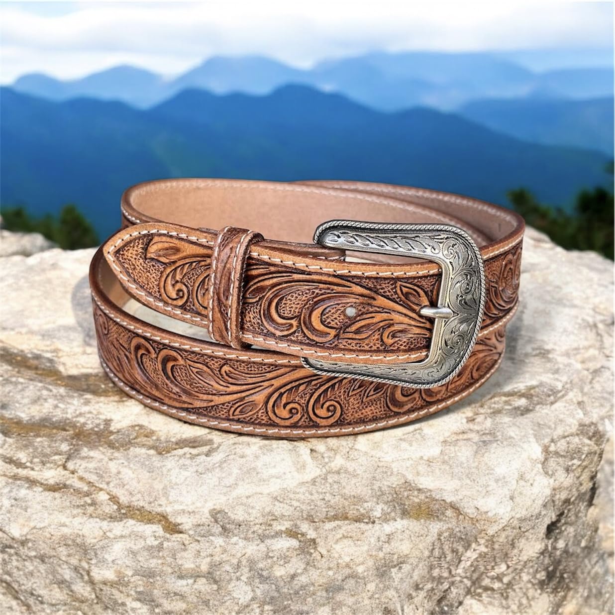 DANIEL'S ARTPLANET Women’s Western Leather Belt Cowgirl Belt For Jeans Pants Dresses Engraved Tooled Ladies Western Belt