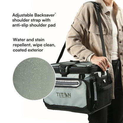 Titan by Arctic Zone Zipperless Soft Sided Cooler with HardBody Liner and SmartShelf, Insulated Bag with Shoulder Strap and Bottle Opener for Beach, Picnic, and Travel, 30 Can Capacity, Seagrass