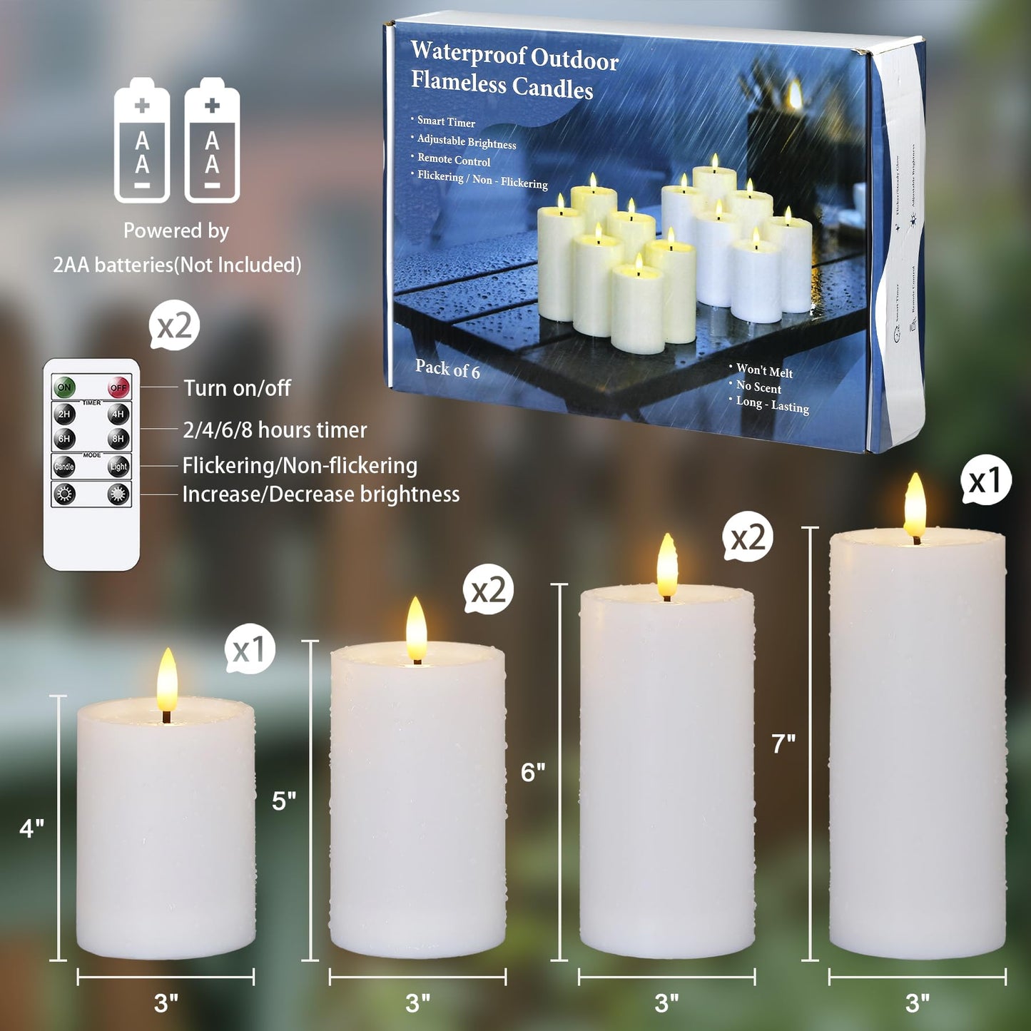 Yeelida Outdoor 6pcs Flameless Waterproof Candles with Handy Remote Control, Cycle Timer Battery Operated Candle Grease Effect LED Flickering Pillar Plastic Long Lasting (White, 3" x4" 5" 5" 6" 6" 7")