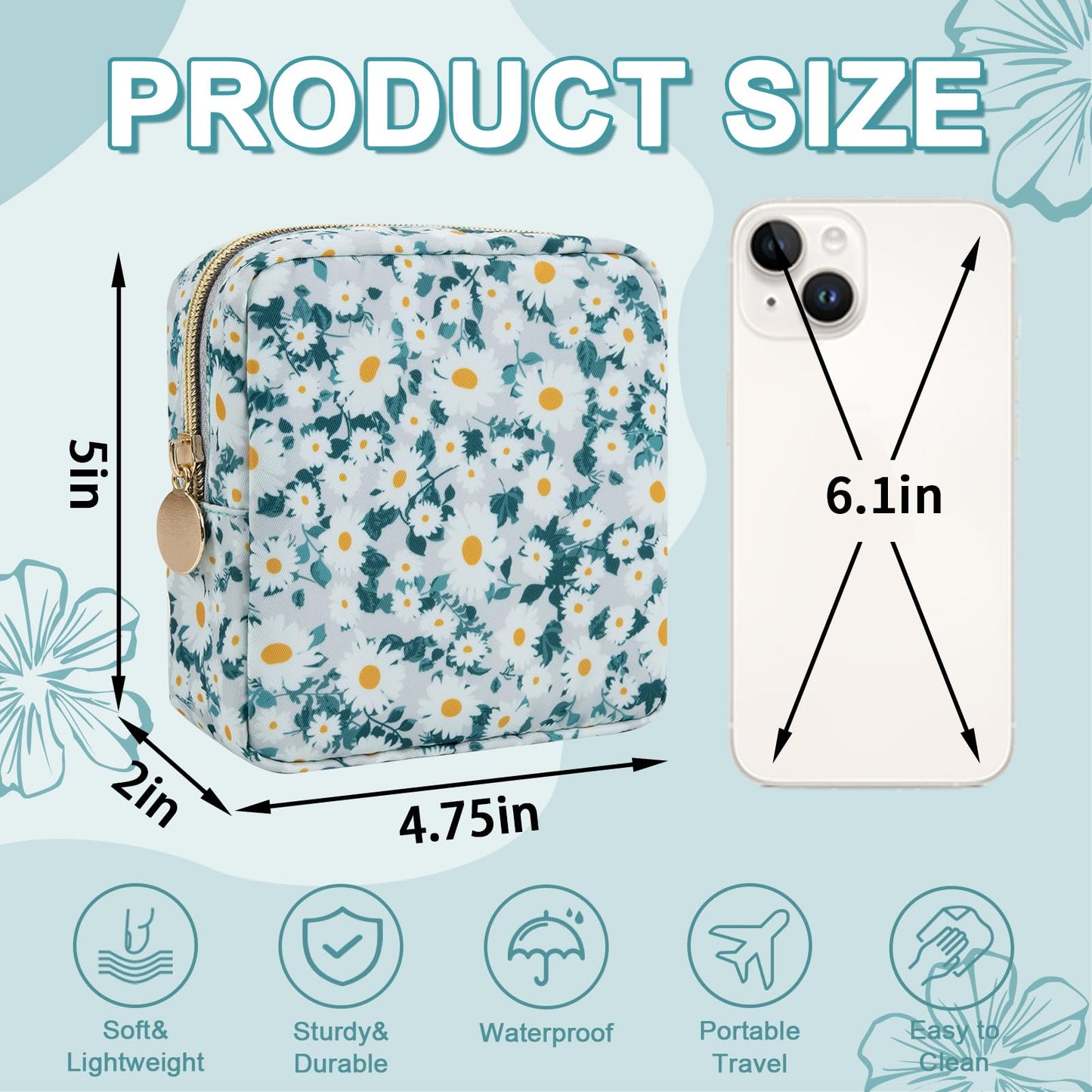UIXIZQ Waterproof Mini Floral Makeup Bag Pouch for Purse,Nylon Flower Cosmetic Travel Bag Small Preppy Toiletry Organizers Bag for Women Girl,Cute Zipper Pouch Coin Purse for Work(Mini Green-Daisy)