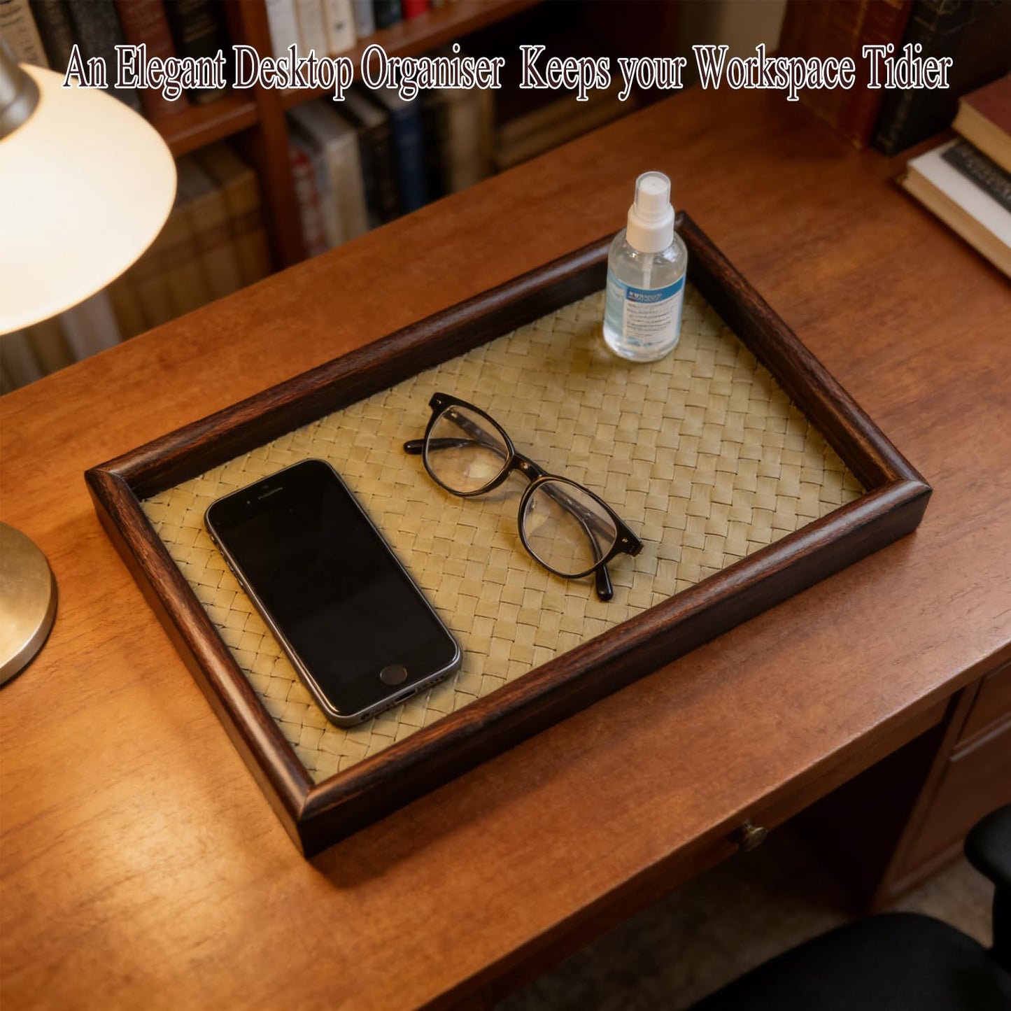 11.8x7.9 Desk Organizer Tray Wooden Storage with Leather Base, Versatile Tray Table for Nightstand Entryway Vanity Desktop(Black+Green)