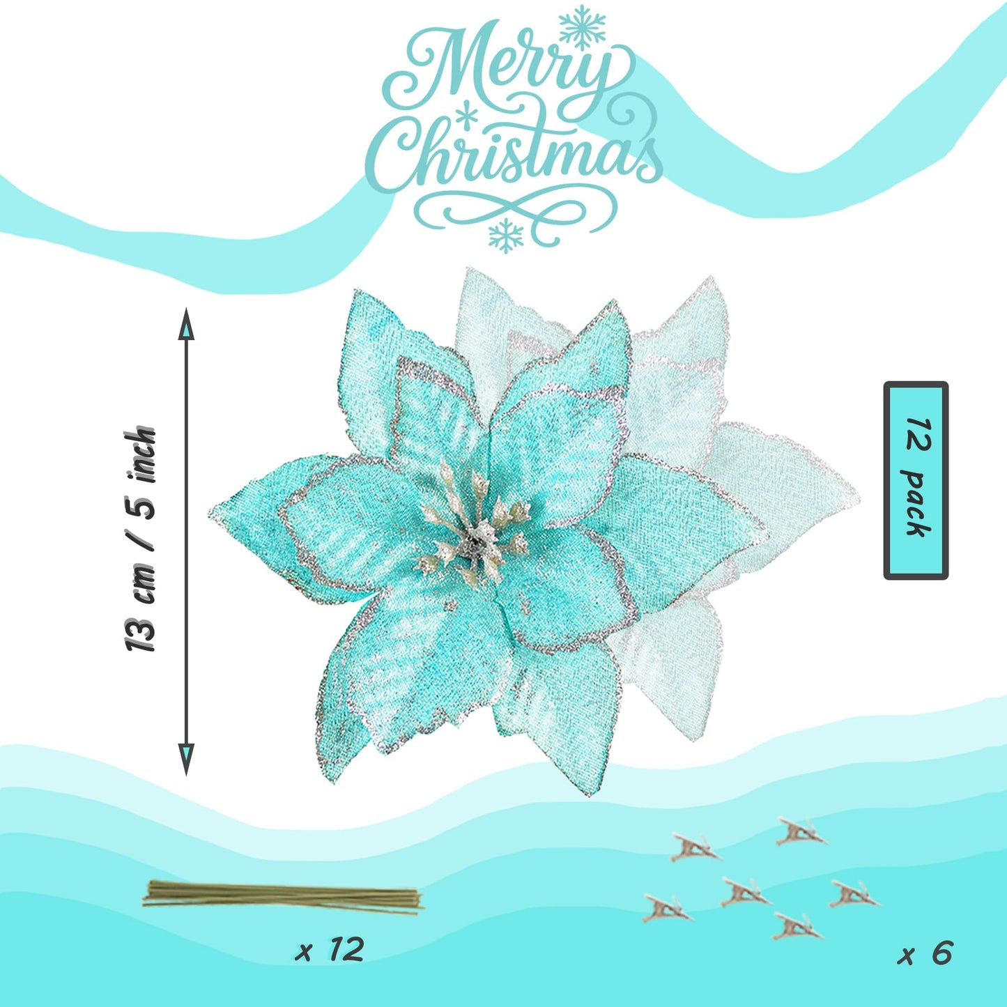 KEPATO Christmas Poinsettia Ornaments Ice Blue, 12 Pcs 6" Artificial Flowers, Glitter Teal Blue Christmas Tree Decorations for Winter Wonderland Theme