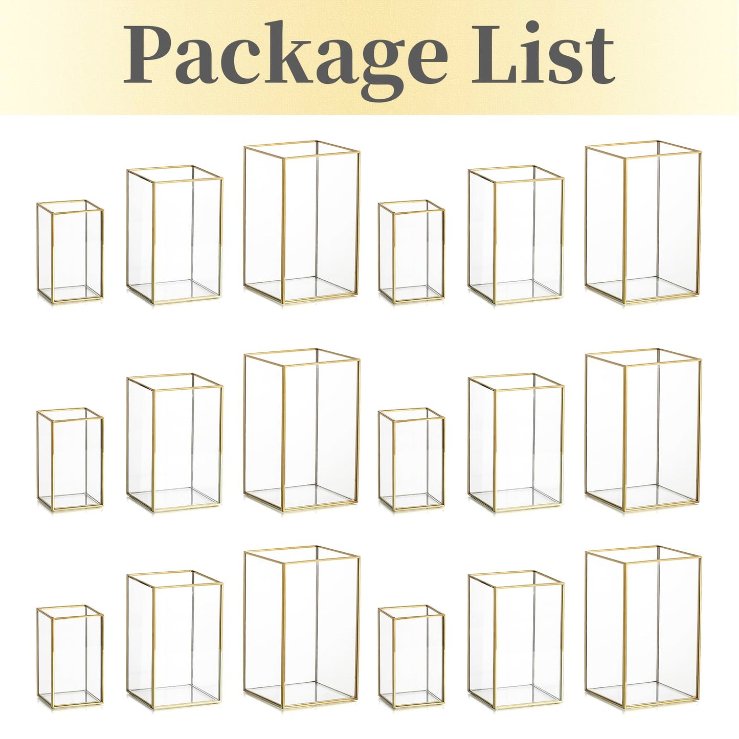 Hewory Glass Hurricane Candle Holder: Gold Hurricane Candle Holders with Metal Frame Square Set of 18, Clear Candle Holder for Table Centerpiece Wedding Christmas Engagement Birthday Party Decorations