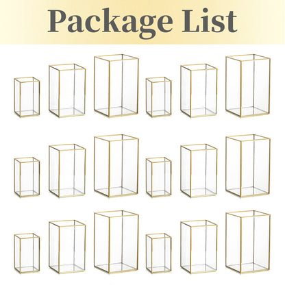 Hewory Glass Hurricane Candle Holder: Gold Hurricane Candle Holders with Metal Frame Square Set of 18, Clear Candle Holder for Table Centerpiece Wedding Christmas Engagement Birthday Party Decorations